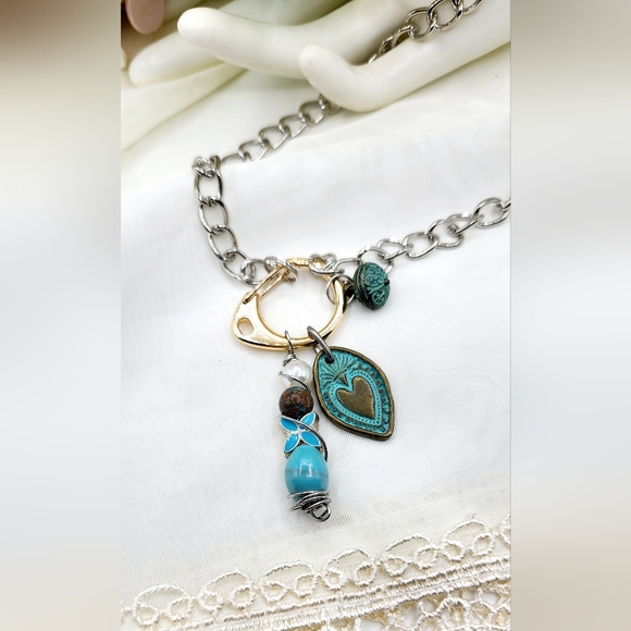 Silver chain necklace, gold spring clasp,27inch, custom design, dangle c… - Picture 3 of 3